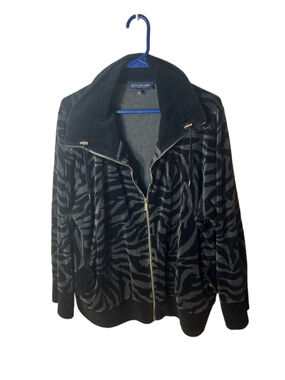 Jones New York Signature Woman Black Zebra-Print Zip Front Velvet Jacket size 3x